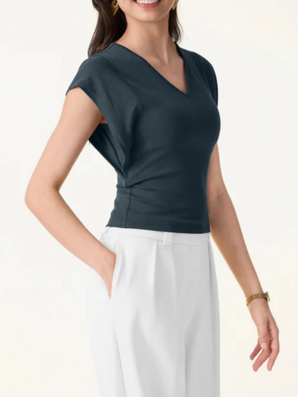 NWT  OGL Black Navy V-Neck Cap Sleeve Women’s Top - Picture 3 of 7